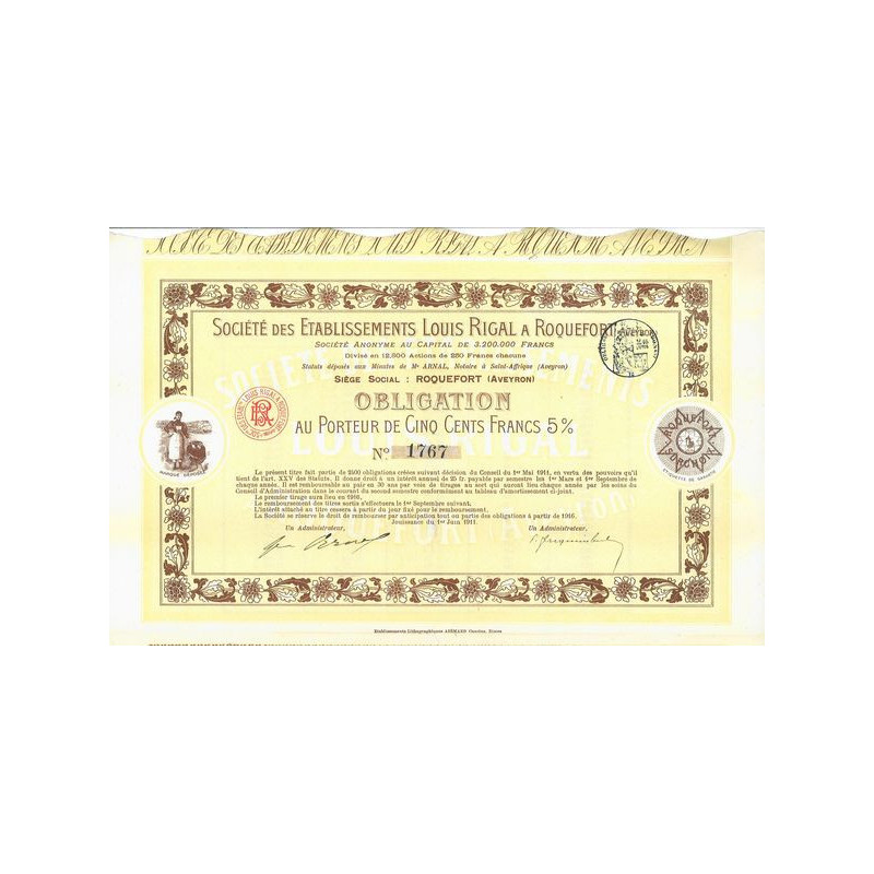 Sté des Ets Louis Rigal à Roquefort (Aveyron) (Obl)