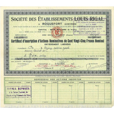 Sté des Ets Louis Rigal à Roquefort (Aveyron) (Certif)