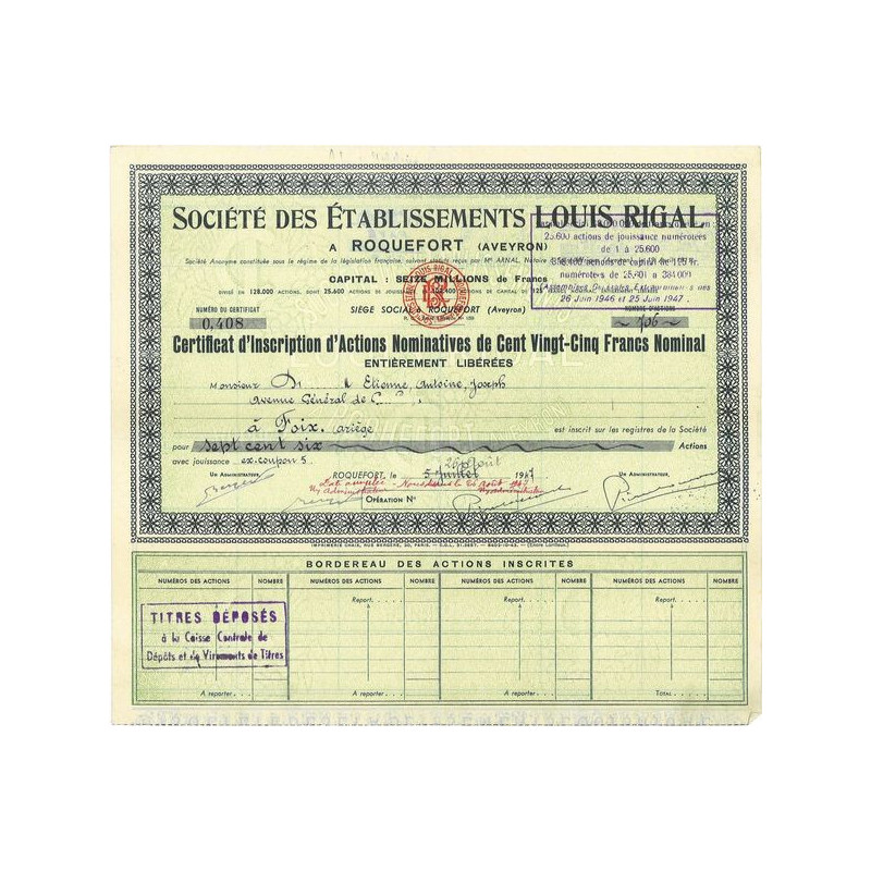 Sté des Ets Louis Rigal à Roquefort (Aveyron) (Certif)