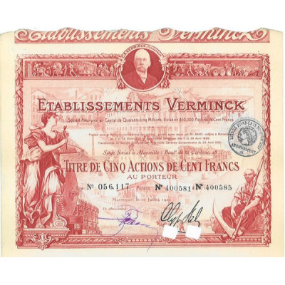Ets Verminck - Act 100 F - 1920 - rouge (titre 5 Actions)