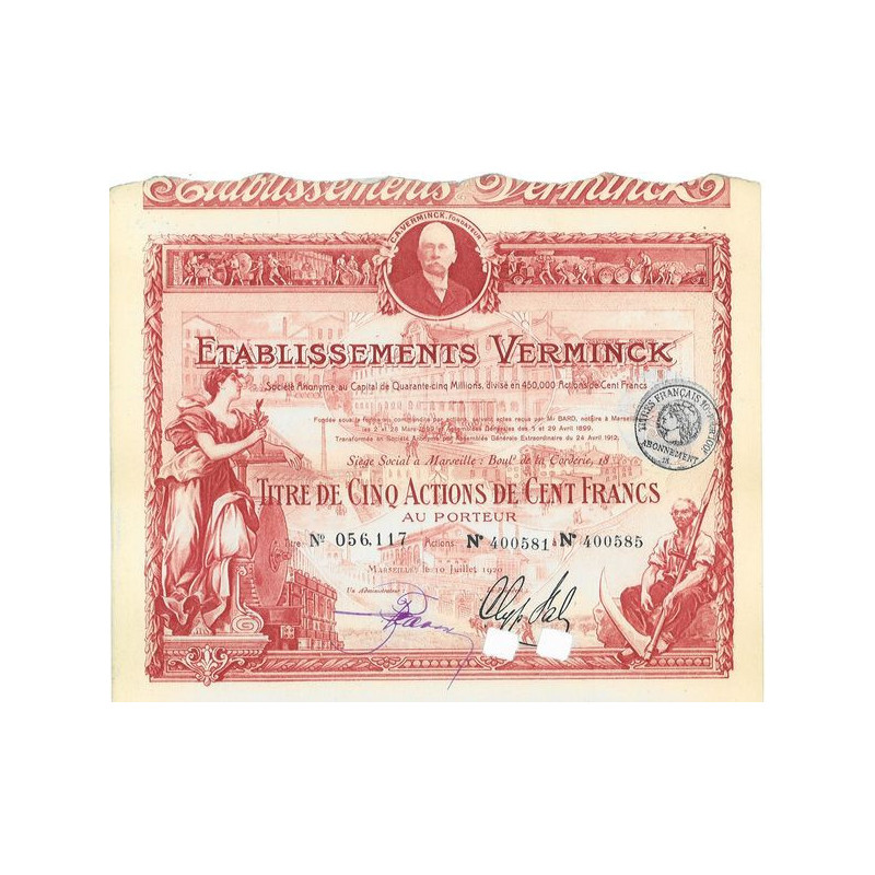Ets Verminck - Act 100 F - 1920 - rouge (titre 5 Actions)