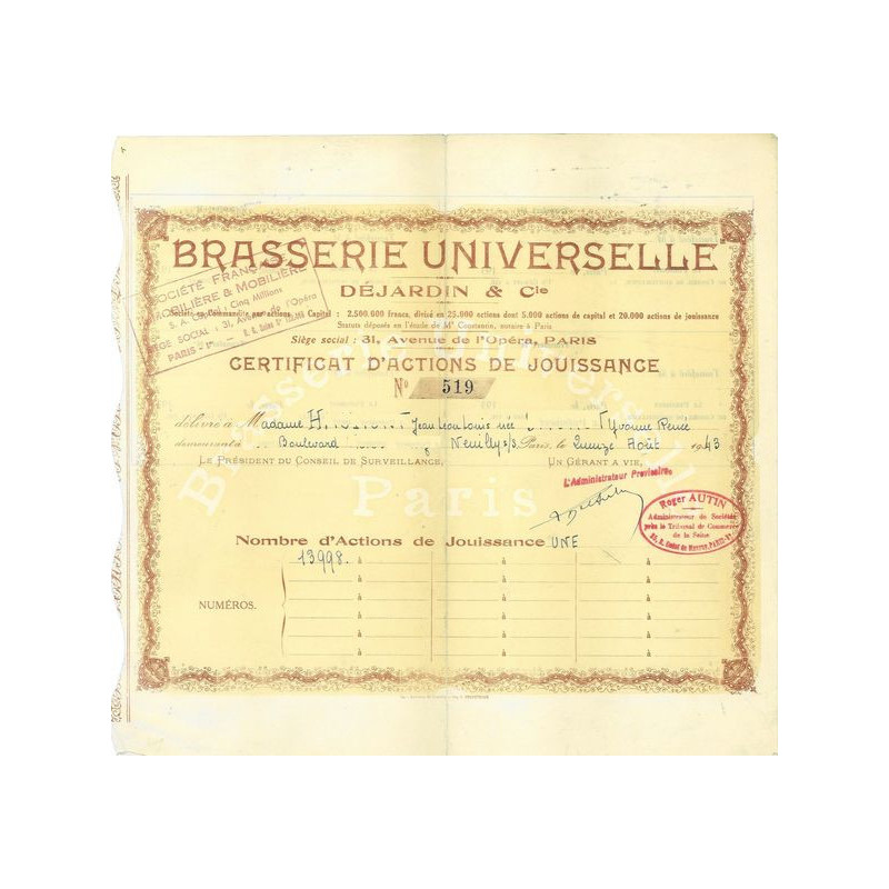 Brasserie Universelle Déjardin & Cie (Certif)