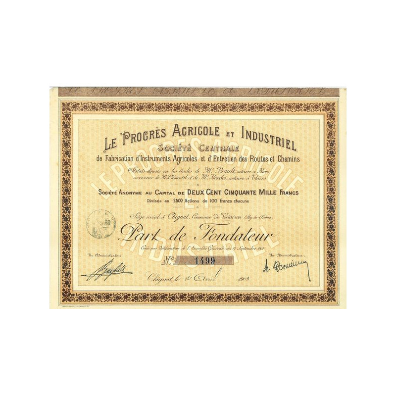 Le Progrès Agricole et Industriel - Sté Centrale de Fabrication d'Instruments Agricoles et d'Entretien des Routes et Chemins
