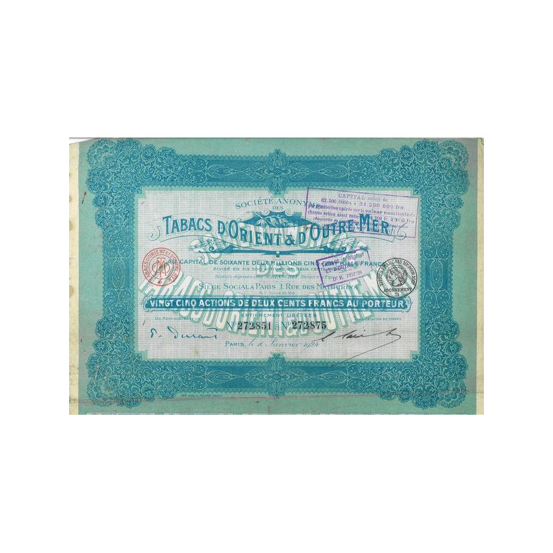 S.A. des Tabacs d'Orient & D'Outre-Mer (1924) (Titre 25 Act 100 F) (1924)