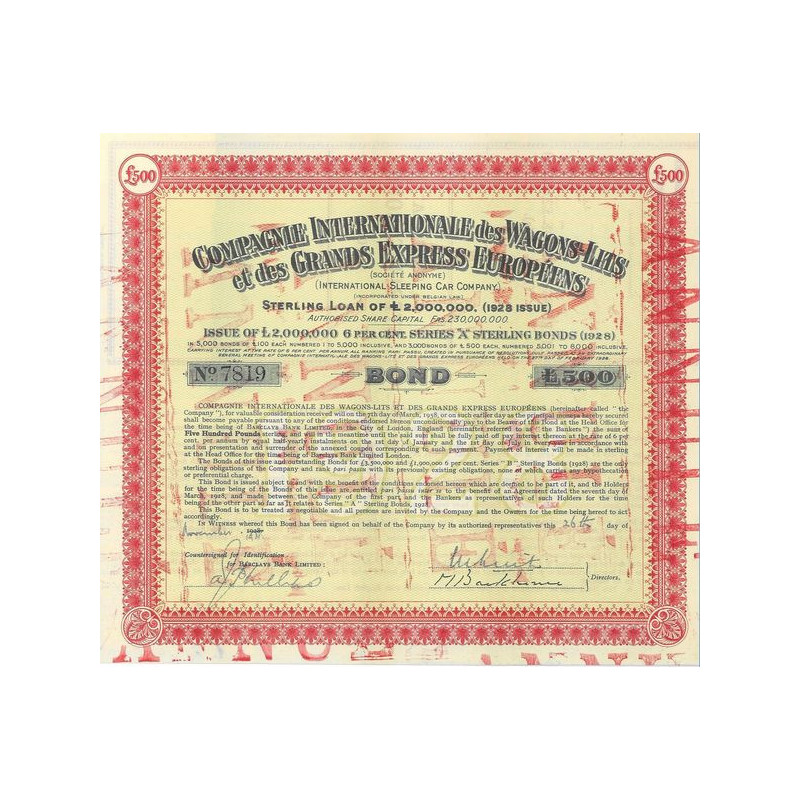 Cie Internationale des Wagons-Lits et des Grands Express Européens (International Sleeping Car Cy) (Bond £500)