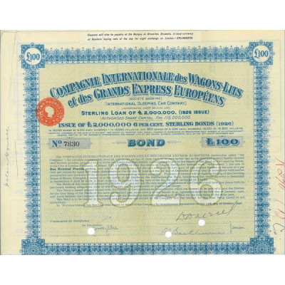 Cie Internationale des Wagons-Lits et des Grands Express Européens (International Sleeping Car Cy) (Bond £100)(bleu)