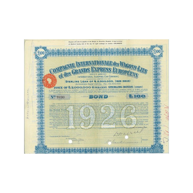 Cie Internationale des Wagons-Lits et des Grands Express Européens (International Sleeping Car Cy) (Bond £100)(bleu)