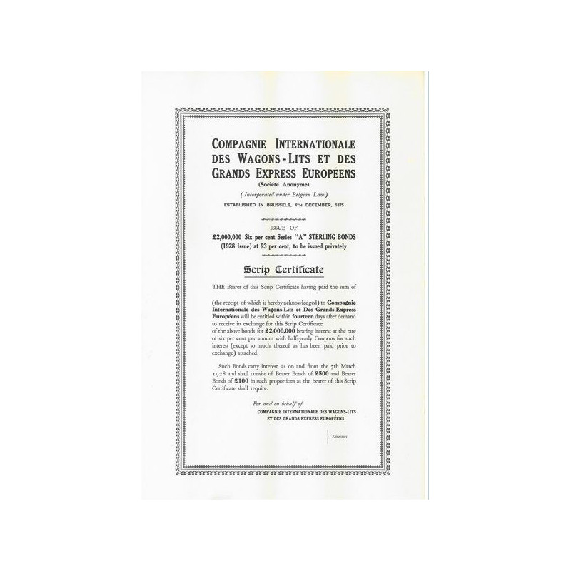 Cie Internationale des Wagons-Lits et des Grands Express Européens (Script Certificate) (blanquette)