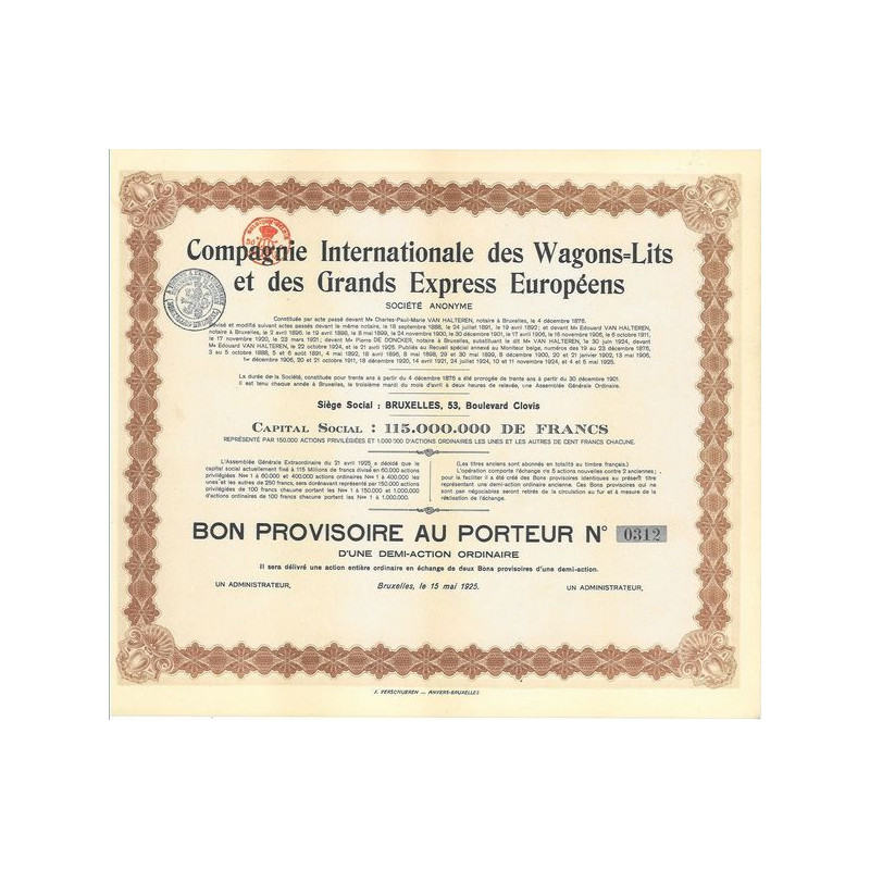 Cie Internationale des Wagons-Lits et des Grands Express Européens (Bon Provisoire) (blanquette)