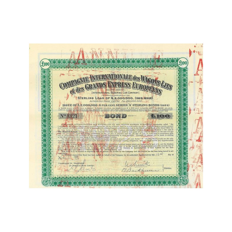 Cie Internationale des Wagons-Lits et des Grands Express Européens (International Sleeping Car Cy) (Bond £100)(vert)