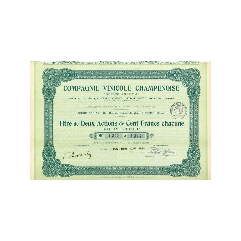 Cie Vinicole Champenoise (Titre 2 Act 100 F)
