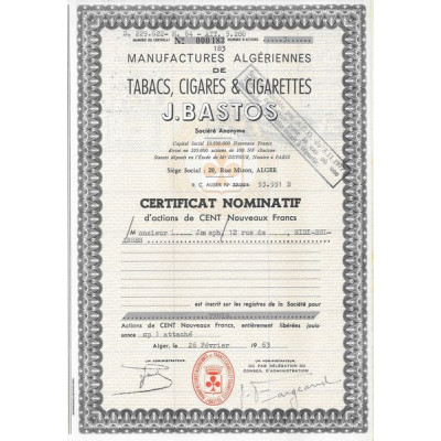 Manufactures Algériennes de Tabacs. Cigares & Cigarettes J.Bastos (certif)