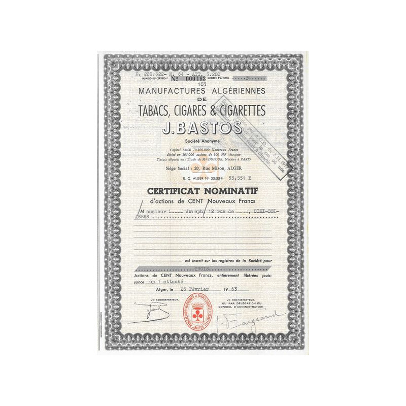 Manufactures Algériennes de Tabacs. Cigares & Cigarettes J.Bastos (certif)