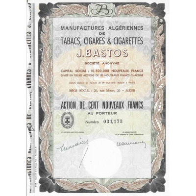 Manufactures Algériennes de Tabacs. Cigares & Cigarettes J.Bastos (Act 100 NF)