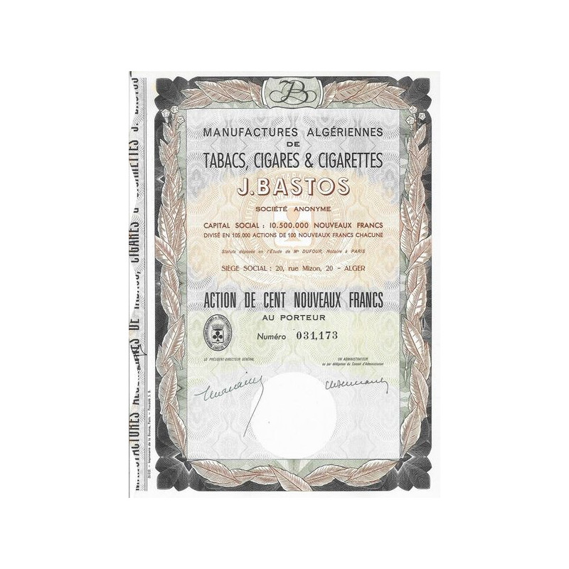 Manufactures Algériennes de Tabacs. Cigares & Cigarettes J.Bastos (Act 100 NF)