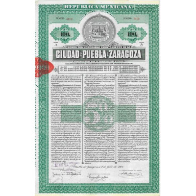 Bonos del honorable Ayuntamiento de la Ciudad de Puebla de Zaragoza ($100)