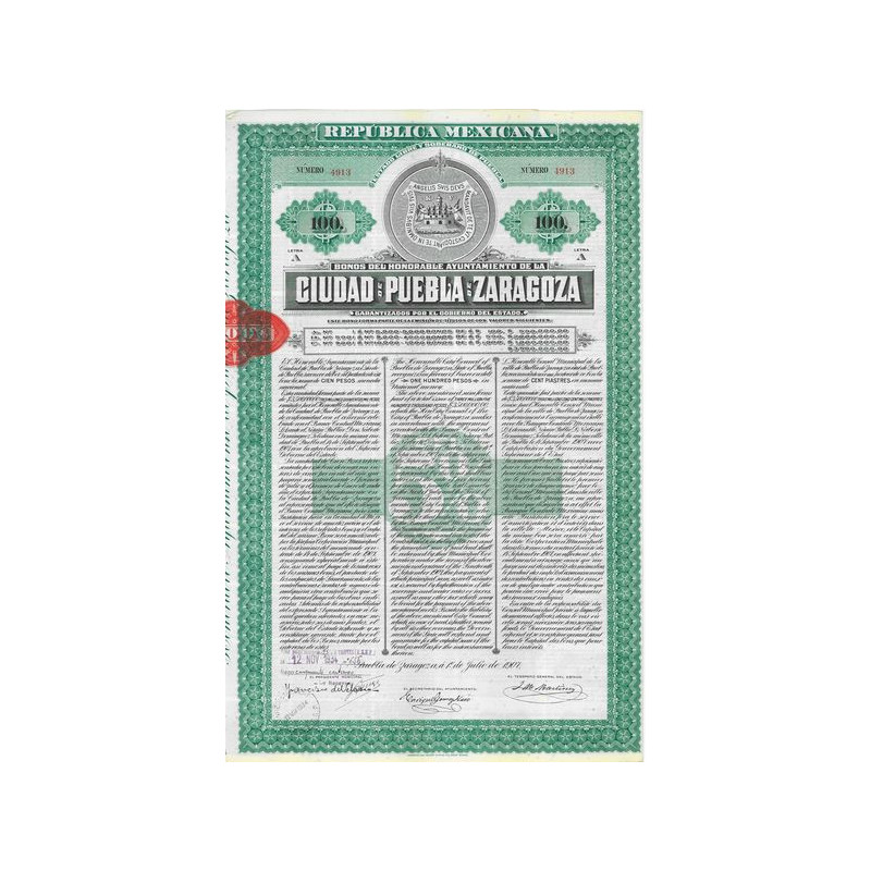 Bonos del honorable Ayuntamiento de la Ciudad de Puebla de Zaragoza ($100)