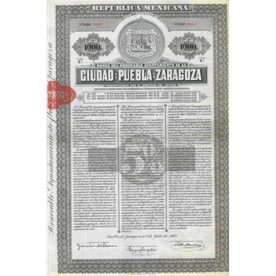 Bonos del honorable Ayuntamiento de la Ciudad de Puebla de Zaragoza ($1000)
