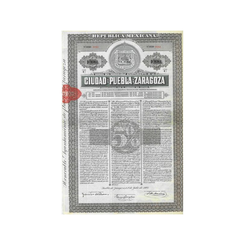 Bonos del honorable Ayuntamiento de la Ciudad de Puebla de Zaragoza ($1000)