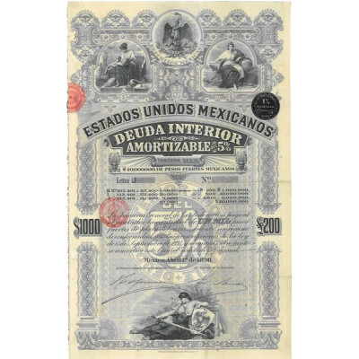Estados Unidos Mexicanos - Deuda Interior Amortizable 5 % - $ 1000 - 1898 - Série J