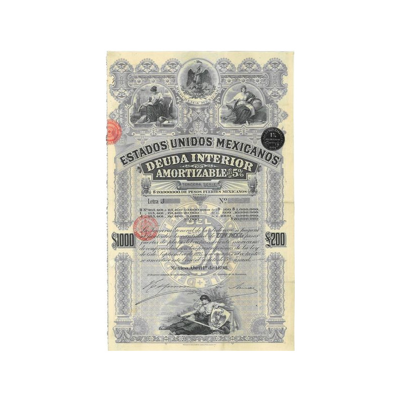 Estados Unidos Mexicanos - Deuda Interior Amortizable 5 % - $ 1000 - 1898 - Série J