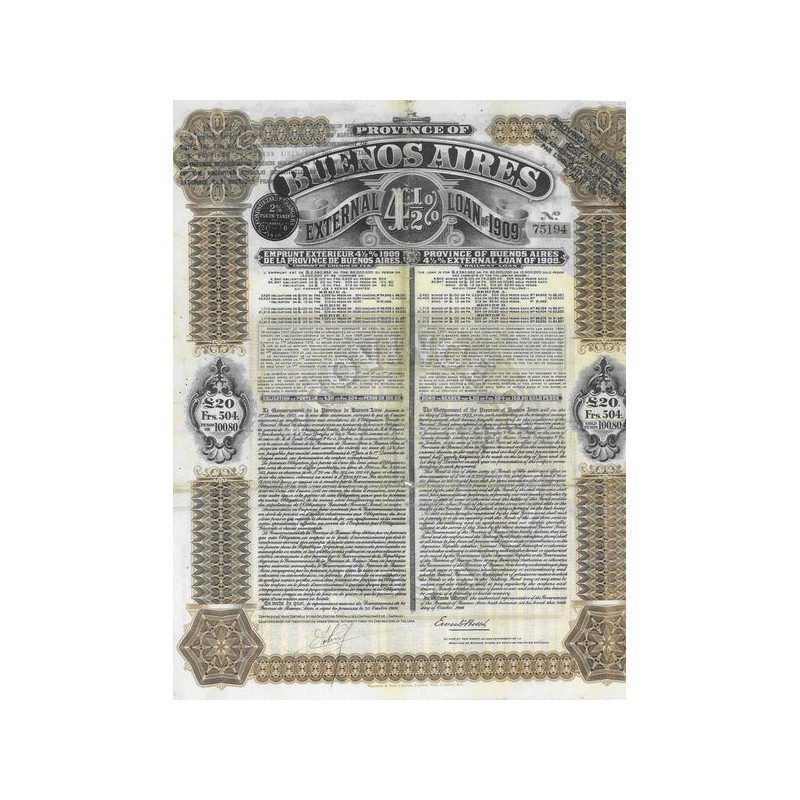 Province of Buenos Aires - External 4 1/2 % Loan of 1909 - £ 20