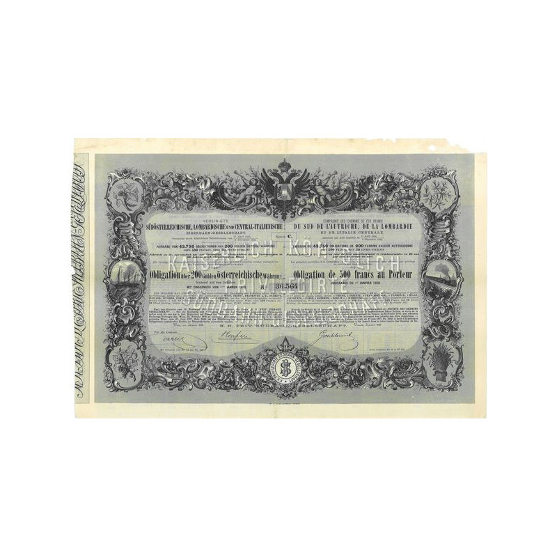 Cie des Chemins de Fer Réunis du Sud de l'Autriche. de la Lombardie et de l'Italie Centrale (Obl 500 F verte)