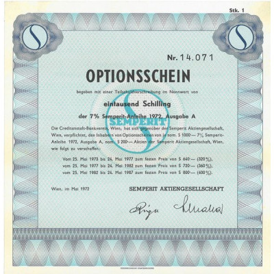 Optionsschein der 7 % Semperit-Anleihe 1972 . Ausgabe A