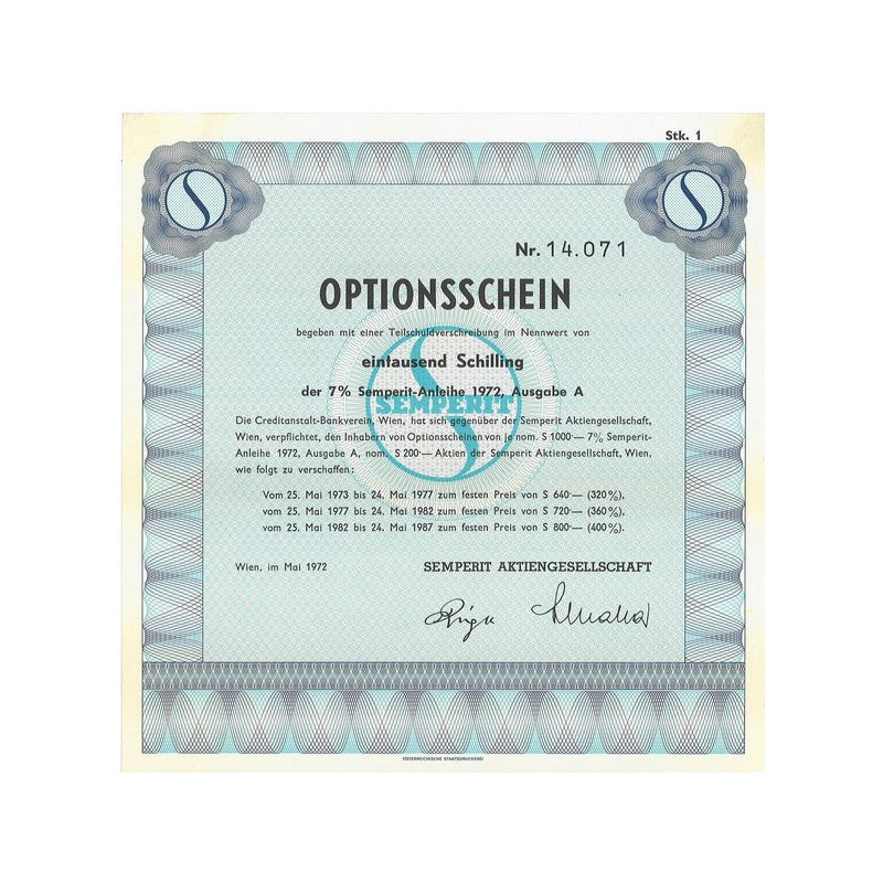Optionsschein der 7 % Semperit-Anleihe 1972 . Ausgabe A