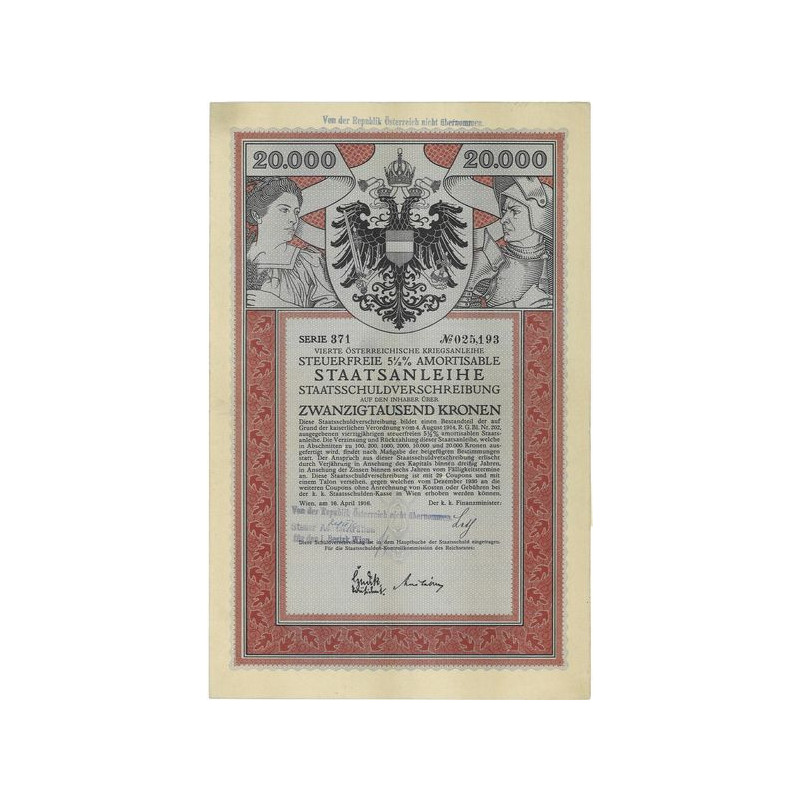 Vierte Österr. Kriegsanleihe Steuerfreie 5 1/2 % amortisable Staatsanleihe (20000 K)