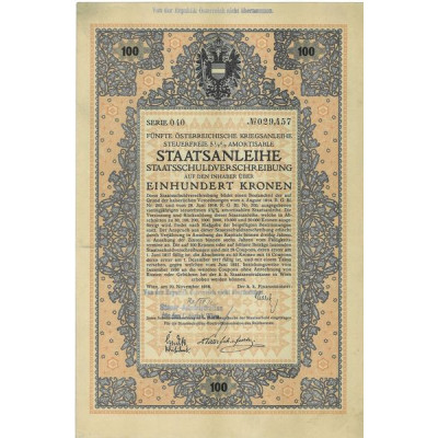 Fünfte Österr. Kriegsanleihe Steuerfreie 5 1/2 % amortisable Staatsanleihe (100 K)