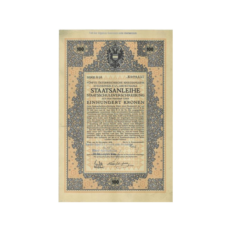 Fünfte Österr. Kriegsanleihe Steuerfreie 5 1/2 % amortisable Staatsanleihe (100 K)