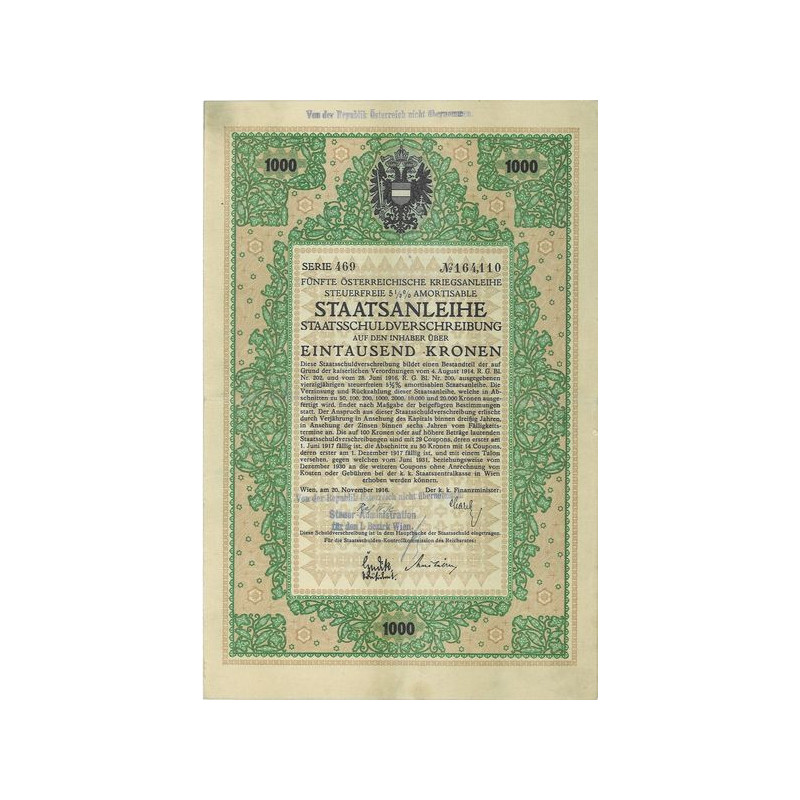 Fünfte Österr. Kriegsanleihe Steuerfreie 5 1/2 % amortisable Staatsanleihe (1000 K)