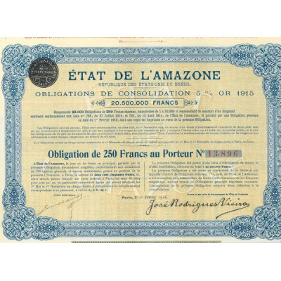 Etat de l'Amazone - Obl de consolidation 5 % Or 1915