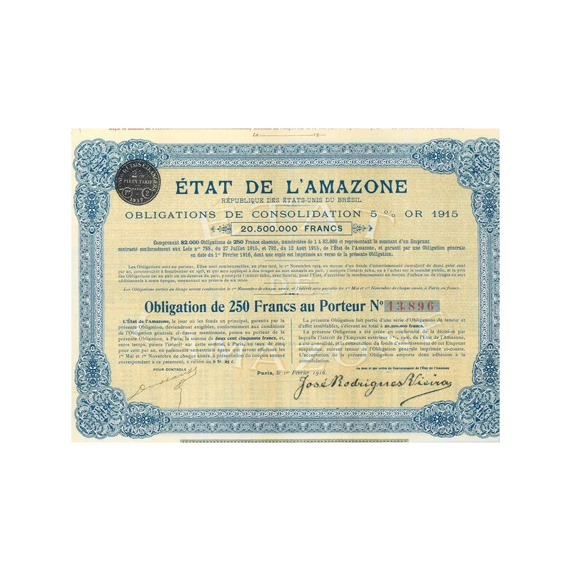 Etat de l'Amazone - Obl de consolidation 5 % Or 1915