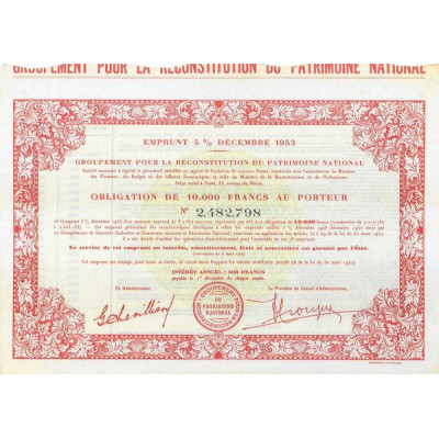 Emprunt 5 % Décembre 1953 - Groupement pour la Reconstitution du Patrimoine National