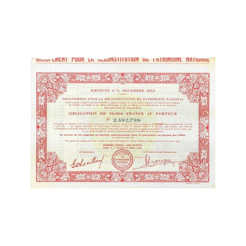 Emprunt 5 % Décembre 1953 - Groupement pour la Reconstitution du Patrimoine National