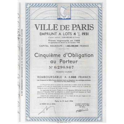 Ville de Paris Emprunt à lots 4 % 1931 - 1/5 d'Obl