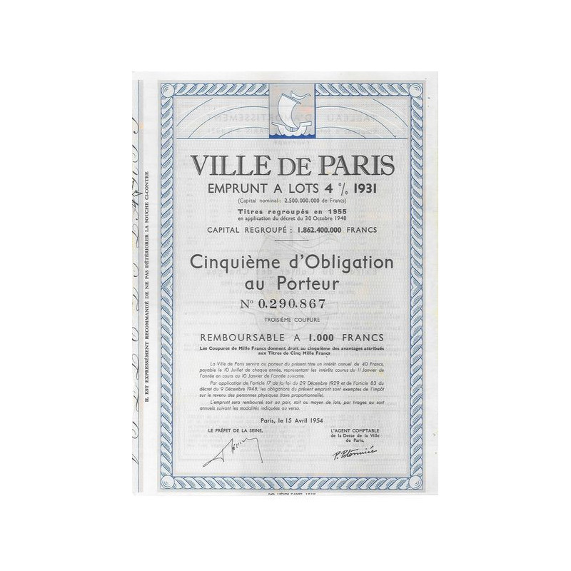 Ville de Paris Emprunt à lots 4 % 1931 - 1/5 d'Obl