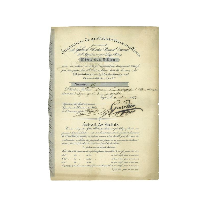 Succession de Quarante Deux Millions Provenant de Gabriel Olivier Benoit Dumas