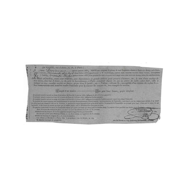 Vente par coupons d'actions de Huit Propriétés situées à Paris et à Bercy