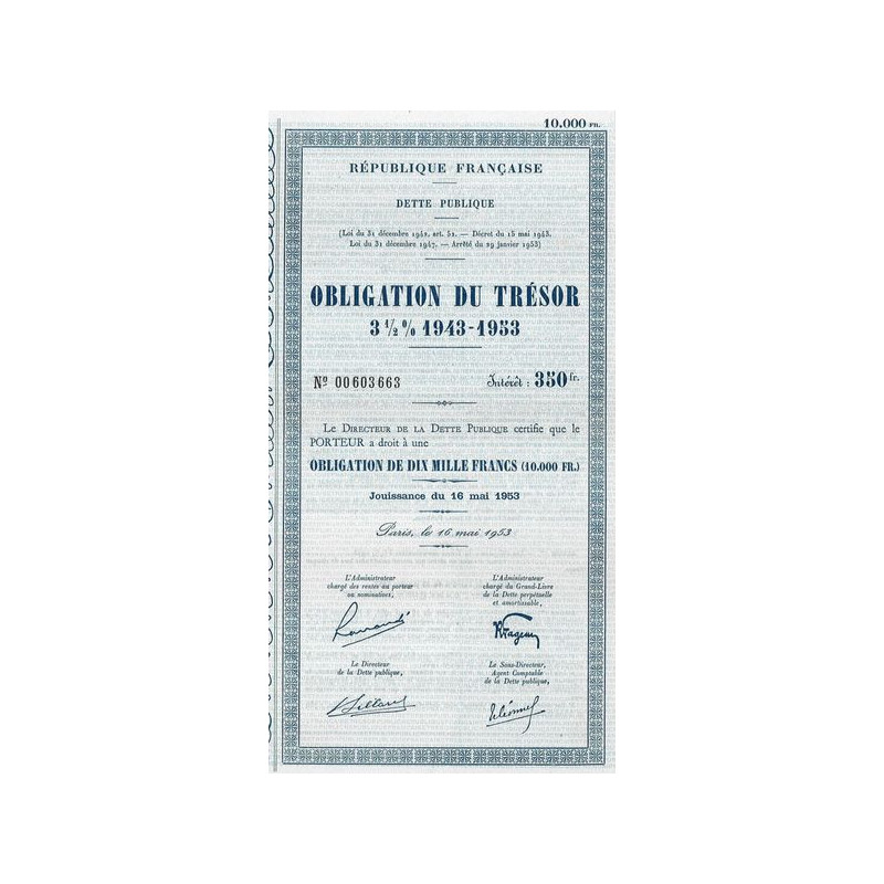 Obligation du Trésor 3 1/2 % 1943 - 1953
