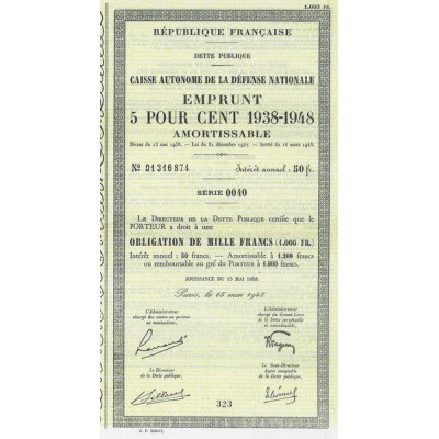 Caisse Autonome de la Défense Nationale - Emprunt 5 % 1938 - 1948