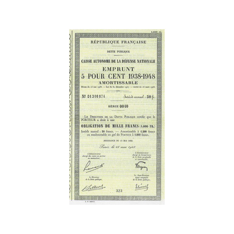 Caisse Autonome de la Défense Nationale - Emprunt 5 % 1938 - 1948