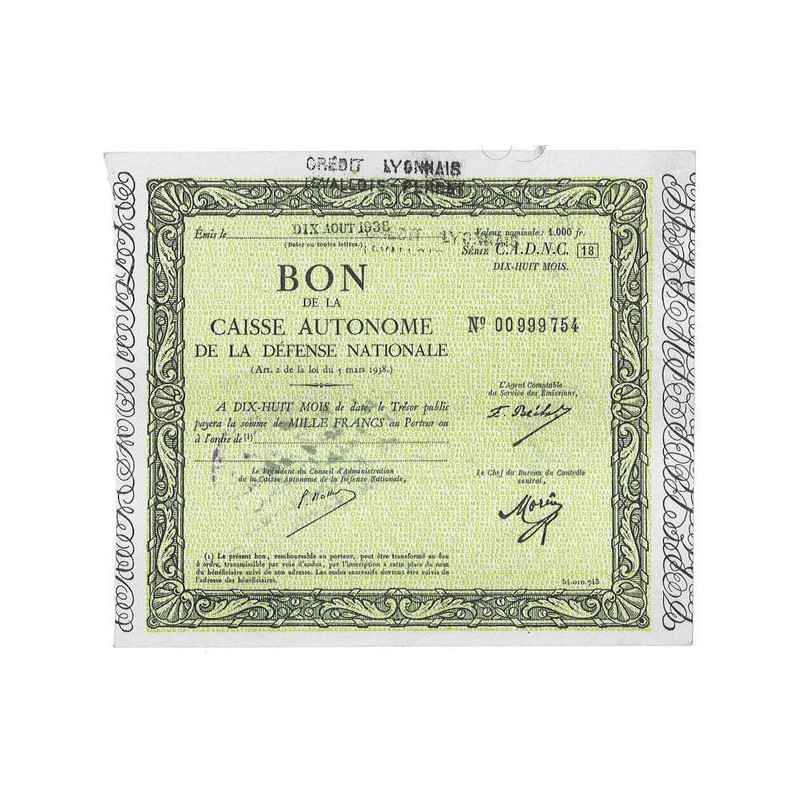 Bon de la Caisse Autonome de la Défense Nationale