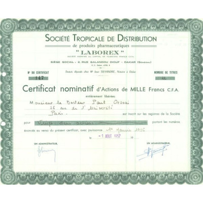 Sté Tropicale de Distribution de Produits Pharmaceutiques "Laborex" (CN Act 1000F CFA) Vert