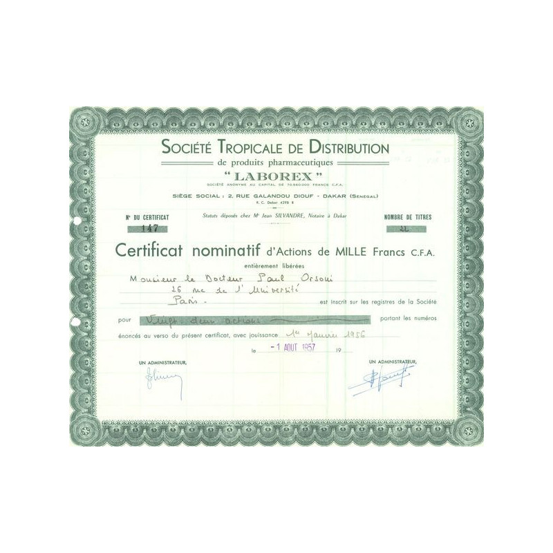 Sté Tropicale de Distribution de Produits Pharmaceutiques "Laborex" (CN Act 1000F CFA) Vert