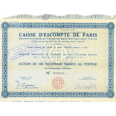 Caisse d'Escompte de Paris - Société Fider - Banque Fider