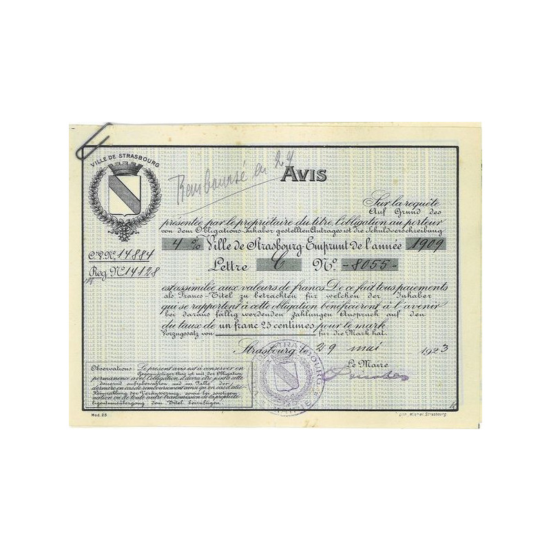 Ville de Strasbourg - Emprunt de l'Année 1909