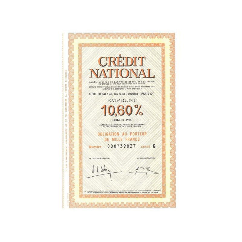 Crédit National - Emprunt 10.60% Juillet 1978